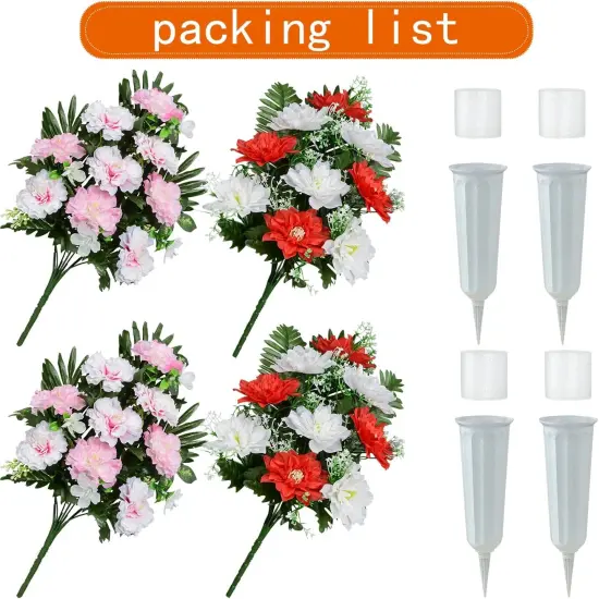Artificial Cemetery Flowers, Spring Memorial Bouquet with Vase, Outdoor Grave Flowers Decorations, Artificial Dahlia Bouquet for Graveyard, Headstone Decoration, Set of 4 {3}