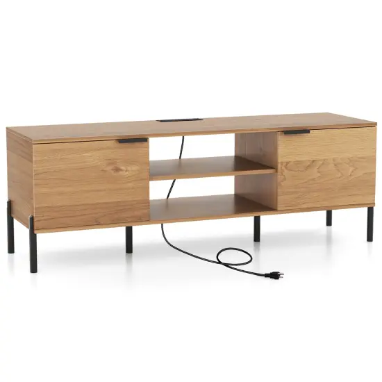 Natural Wood TV Stand with Charging Station, Storage, Metal Legs and Cable Management {1}