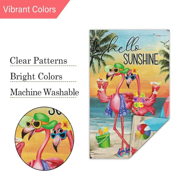 Hello Sunshine Summer Garden Flag Beach Flamingo Couple Welcome 12x18 Inch Double Sided Small Burlap Palm Tree Holiday Yard Outdoor Sign Outside Home House Decoration {4}
