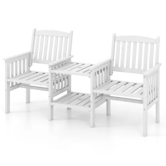 Fir Wood Loveseat Patio Bench with Umbrella Hole, 2-tier Table and Slatted Chairs White {8}