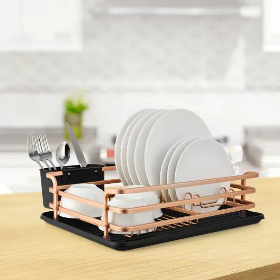 Smart Space-Saving Steel Dish Drying Rack with Removable Cutlery Holder & Drainer Tray &ndash; Anti-Slip Base &ndash; Compact for Apartments (16.92&rdquo;L x 12.4&rdquo;W) Gold {4}