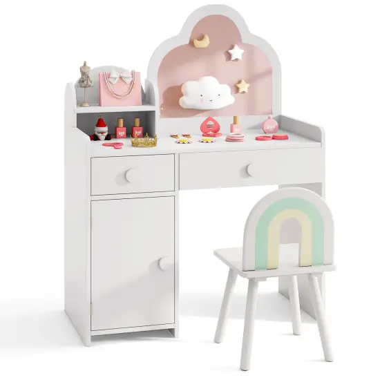 Kids Vanity Set, Cloud Shape Mirror, Storage and Pine Wood Stool White {4}