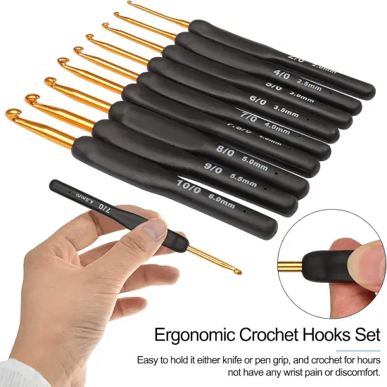 Black Gold Crochet Hooks Needles for Arthritic Hands, 2.0-6.0mm Crochet Hook Set Ergonomic Soft Grips Knitting Hook for Crochet Yarn Craft, Aluminum Knitting Crochet Supplies Kit {3}