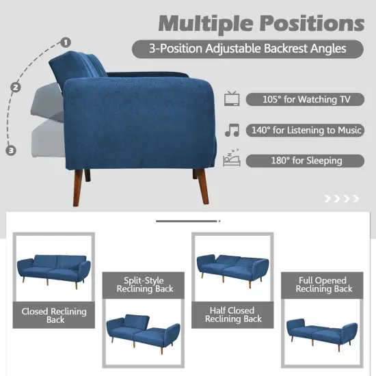 Convertible Futon Sofa Bed Adjustable Couch Sleeper with Wood Legs-Navy {3}