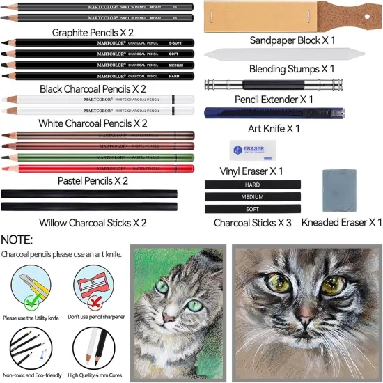 Charcoal Drawing Set, Set of 23, Graphite Pencils, Black & White Charcoal Pencils for Drawing, Sketching, Shading, Blending, Artist Pencils for Beginners & Pro Artists {2}