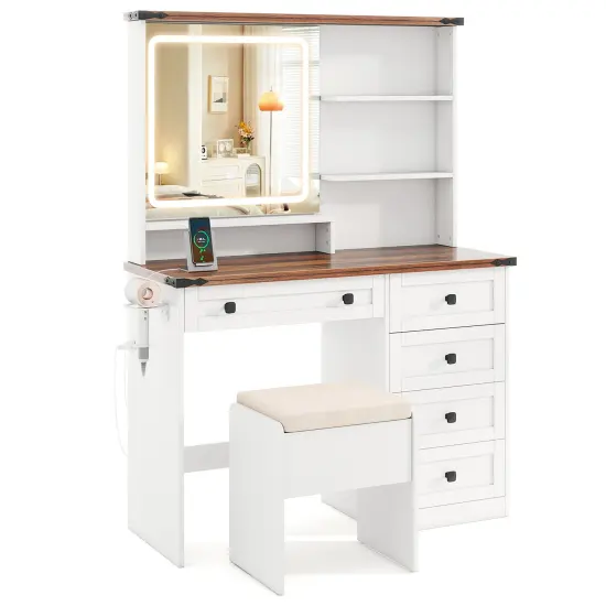White and Dark Brown Makeup Vanity Table with 3-Color LED Mirror Storage Drawers and Stool {1}