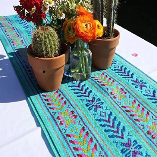 Woven Rebozo Style Mexican Table Runner Scarf (Turquoise) {1}
