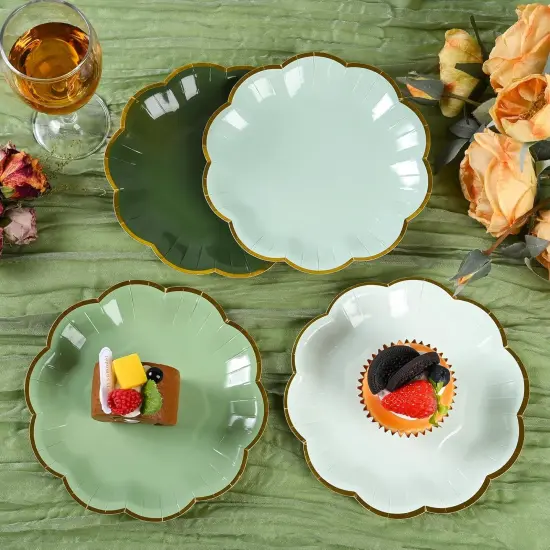 Summer Sage Green Party Plates Gradient Green Dessert Paper Plates 7inch Gold Foil Scalloped Edge Disposable Cake Plates (24, Sage Green) {5}