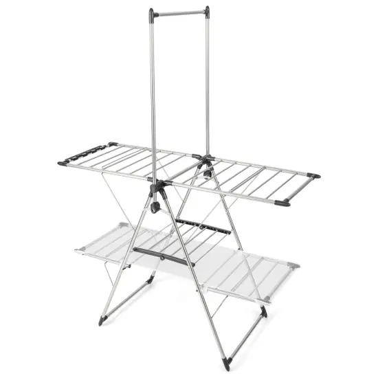 Silver 2-Tier Foldable Clothes Drying Rack with Tall Hanging Bar and Height Adjustable Gullwings {1}