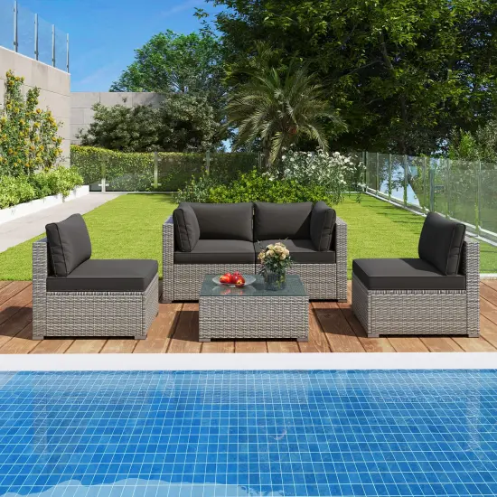 5-Piece Outdoor Patio Furniture Set Including Coffee Table and 4 Rattan Chairs with Cushions Black {1}
