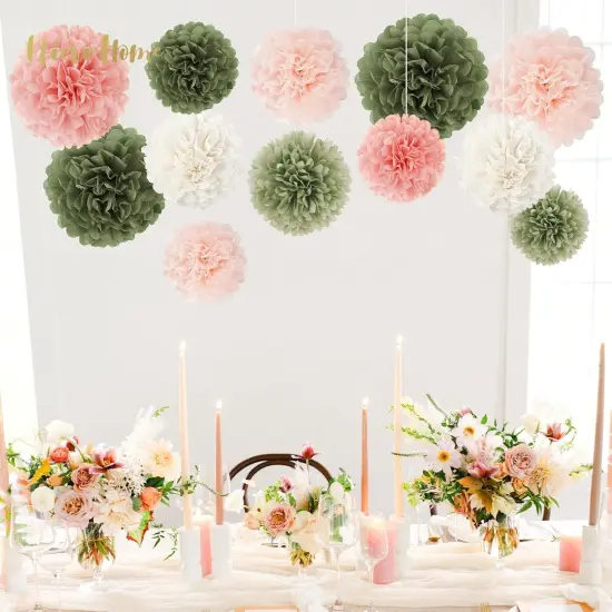 Bridal Shower Decorations, 12 PCS Pink Moss Sage Green Tissue Paper Pom Poms Paper Flowers for Boho Neutral Baby Shower Wedding Engagement Birthday Spring Summer Party Decorations {4}