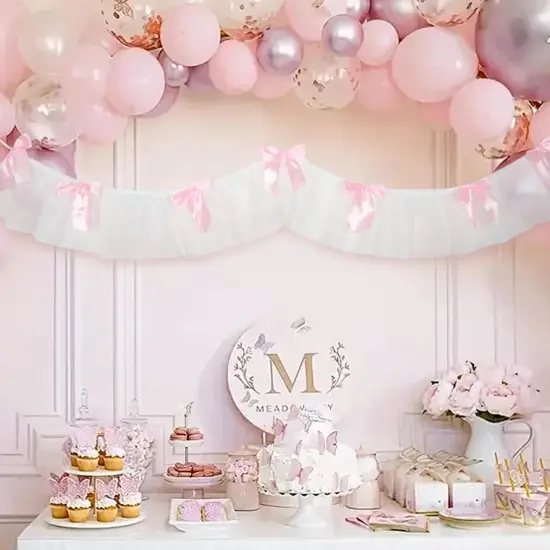 Bow Garland Banner, Pink Bow Birthday Party Decorations, 5.1ft Lace and Satin Ribbon Bows Hanging Banner with 7 Bows for Coquette Birthday Bachelorette Party Wedding Engagement Decor {3}