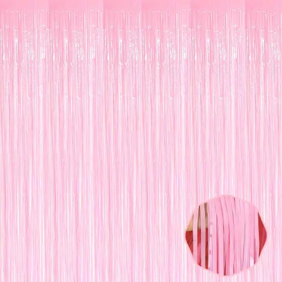 6 Pack Macaron Pink Foil Fringe Curtain Backdrop, 3.28Ft x 8.2Ft Metallic Tinsel Foil Fringe Streamer Curtains for Photo Booth {1}