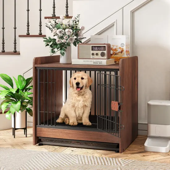 Rustic Brown 2-in-1 Wooden Dog Crate End Table with Removable Pull-Out Tray and Lockable Door {3}