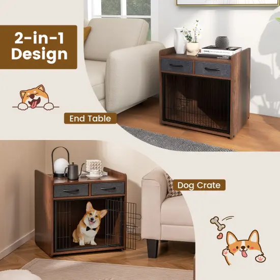 Brown Dog Crate Cage End Table with 2 Fabric Drawers Ideal for Small or Medium Pets {6}