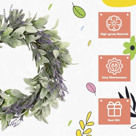 20" Spring Lavender Wreath for Front Door - Spring Door Wreath with Purple Floral Design, Lambs Ear, Wall Hanging for Farmhouse D&eacute;cor, Indoor Outdoor Use, Party & Holiday {1}