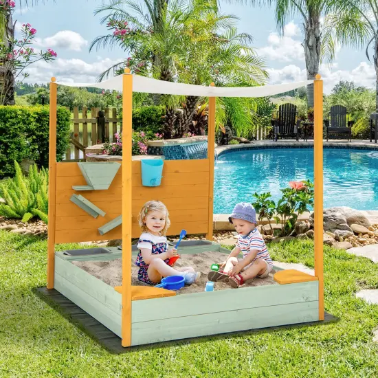 Wooden Sandbox with Sand Wall & Canopy for Kids 47x42 {3}