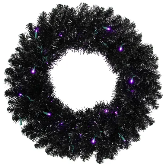 Northlight Black Crystal Pine Artificial Halloween Wreath - 24" - LED Purple {3}