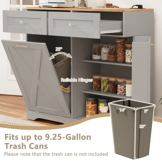 Tilt Out Wooden Trash Can Cabinet with 3 Position Adjustable Shelf and Power Outlets Gray {6}