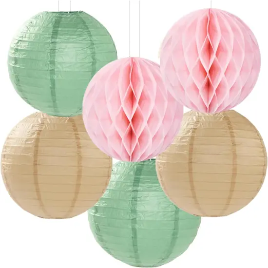 Sage-Green Pink-Champagne Party-Decorations Streamers Lanterns - 14pcs Neutral Baby Shower Paper Fan,Tissue Pom Poms,Honeycomb Balls,Boho Wedding Engagement Bachelorette Birthday Bridal Decor Ouruola {3}