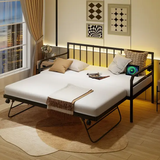 Adjustable Twin Daybed with Pop-Up Trundle, LED Lights and Power Strip White {7}