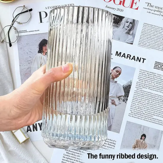 9.8" Flower Vase for Decor Ribbed Glass Vase Modern for Centerpieces Desktop Home Office Dining Living Room Wedding (Clear) {5}