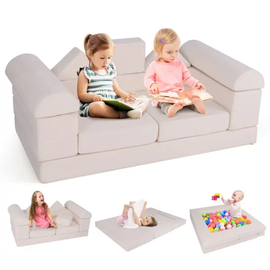 Suede Fabric Convertible Kids Play Couch Set with Foam Blocks and Cushions Pink {7}