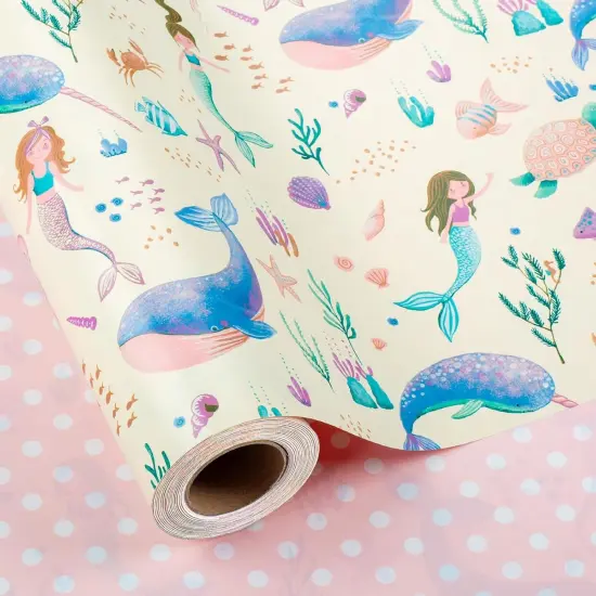 Reversible Mermaid Wrapping Paper Roll- Whale,Turtle and Sea Creature with Pink Polka Dot for Kids,Girls,Baby Shower,Birthday-Mini Roll-17 Inch X 32.8 Feet {1}