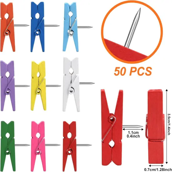 Wooden Push Pin Clips 50 Pcs, Pins Clips Creative Paper Clips with Pins for Cork Board and Photo Wall No Holes for The Paper {2}