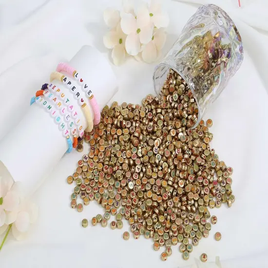 1500PCS Acrylic Letter Beads Alphabet Colorful Letters Gold Round Bead 7&times;4mm for Jewelry Bracelets Necklaces Key Chains Making {2}