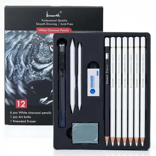 White Charcoal Pencils Set - 12 Piece White Colored Pencils for Drawing, Sketching, Shading, Blending, White Chalk Pencils for Kid, Beginners & Pro Artists {1}