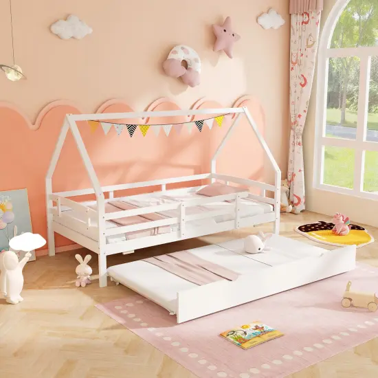 Twin House Bed with Trundle and Fence Rail for Kids Room White {2}