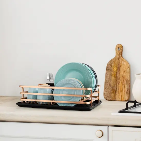 Smart Space-Saving Steel Dish Drying Rack with Removable Cutlery Holder & Drainer Tray &ndash; Anti-Slip Base &ndash; Compact for Apartments (16.92&rdquo;L x 12.4&rdquo;W) Gold {6}