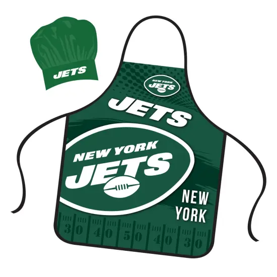 Mojo Licensing New York Jets Apron Chef Hat Set Full Color Universal Size Tie Back Grilling Tailgate BBQ Cooking Host {1}
