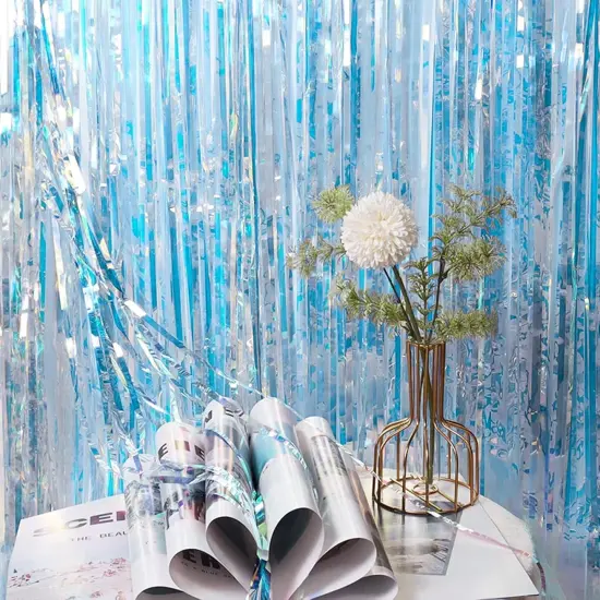 2 Pack 3.2x6.5 Feet Iridescent Foil Fringe Backdrop Curtains, Clear Blue Tinsel Photo Booth Props Streamers Party Decorations for Birthdays Mermaid Sea Frozen {4}