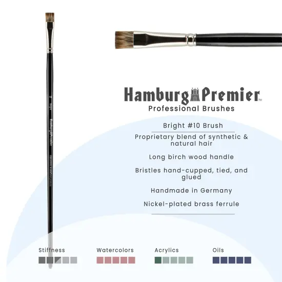 Creative Mark Hamburg Premiere Professional Oil Painting Brushes - Bright #10 Oil Paint Brush - Handmade in Germany, Natural & Synthetic Hair Blend, Long Triple-Lacquered Birch Handle {3}