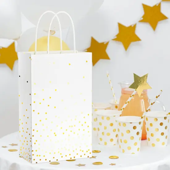 25 Pack White and Gold Gift Bags with Handles and Gold Foil Dots, Perfect for Bridal Party {5}