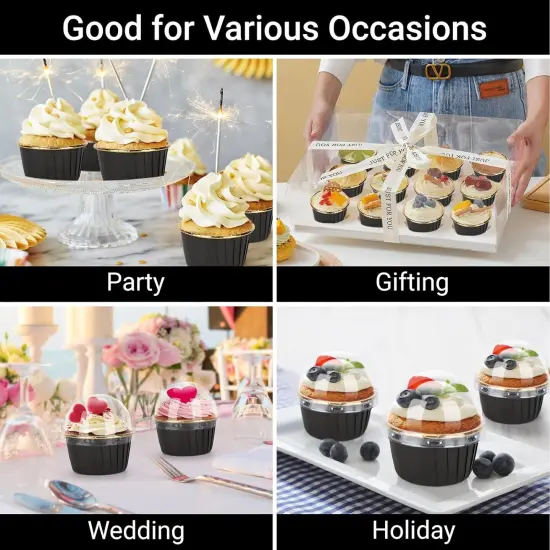 Disposable Ramekins with Lids, 3.5oz 50pcs Black Gold Mini Foil Muffin Cupcake Liners with Clear Lids, Aluminum Dessert Containers Baking Cups with Lids for Wedding Birthday Party Picnic {4}
