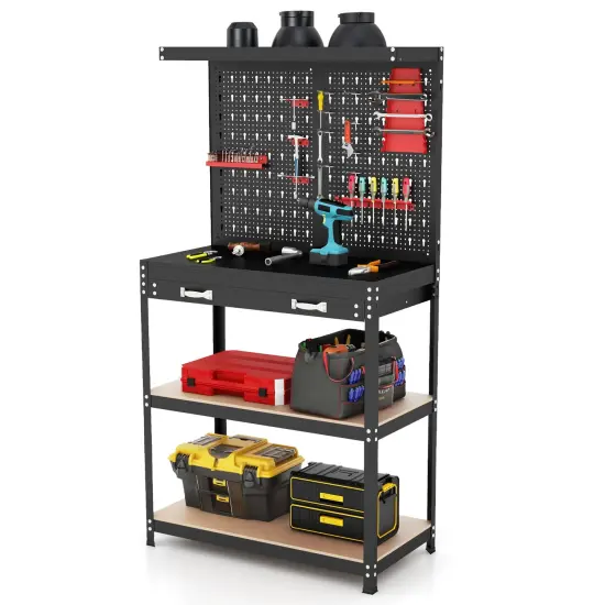 Freestanding Tool Storage Workbench with Pegboard with 14 Hanging Accessories and 2 Drawers Black and Red {4}