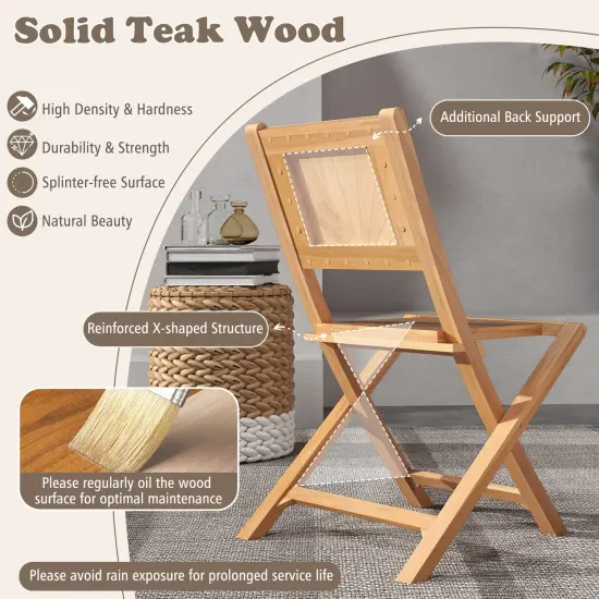 Set of 2 Teak Wood Patio Foldable Dining Chairs with Slatted Surface Perfect for Outdoor Use {6}