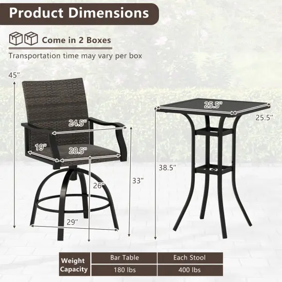 3 Pieces Patio Swivel Bar Set including 2 Swivel Chairs and 1 Bar Table with Aluminum Frame {4}
