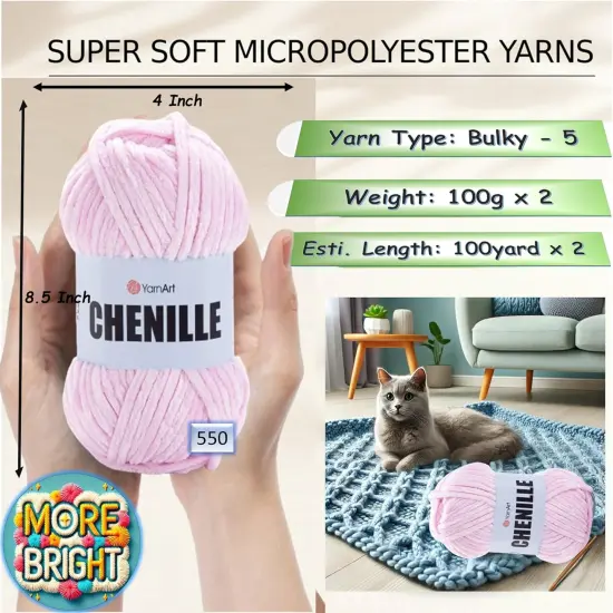 2 Skein Yarn Art Chenille Yarn, Velvet Yarn, Super Soft Fluffy Bulky 5, for Knitting Crocheting Crafting Blanket Amigurumi, Soft Velvet Baby, Durable, 100gr x 2, 100yards x 2 (Pink-550, Pack 2) {2}