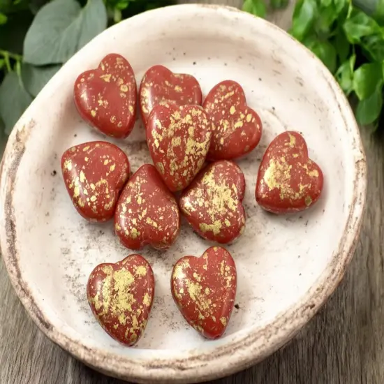 *10* 14mm Gold Splattered Red Opal Heart Beads {3}