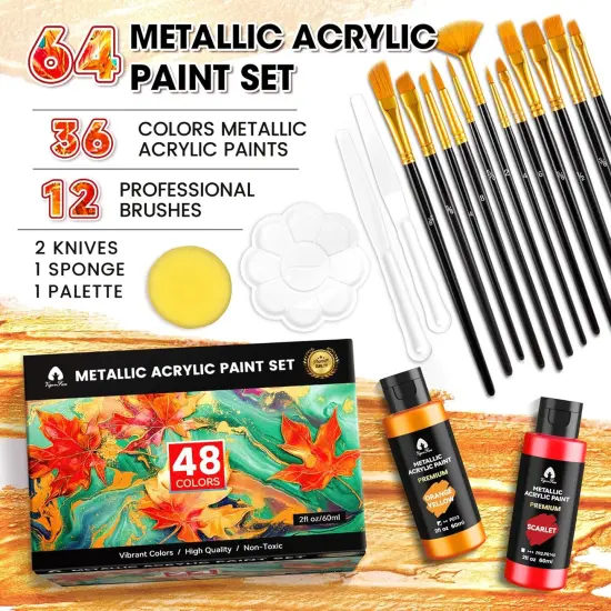 64 Pcs Metallic Acrylic Paint Set with 12 Brushes, 2 Knives & Palette - 48 Colors (2oz/60ml) for Adults, Kids, Artists & Beginners - Easter Basket Stuffers, Rock & Egg Painting Kit {4}