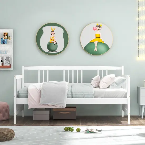 Twin Size Wooden Slats Daybed Bed with Rails Perfect for Living Room and Kids Room or Guest Room White {1}