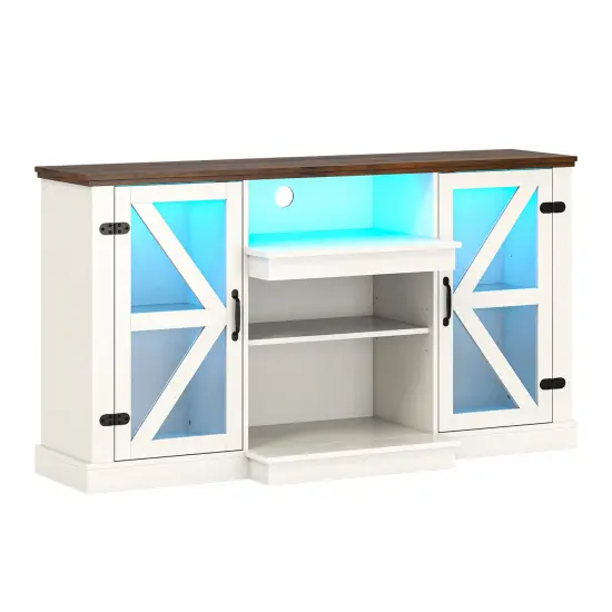 White Tempered Glass TV Stand with LED Lights, Adjustable Shelves and Console Table Storage {1}