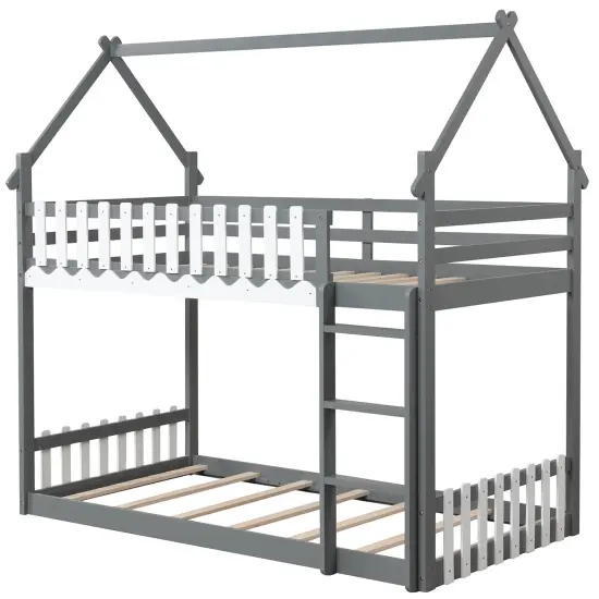 Pine Wood House Bunk Bed, Twin Over Twin, Sturdy Frame and Safe Ladder Gray {8}