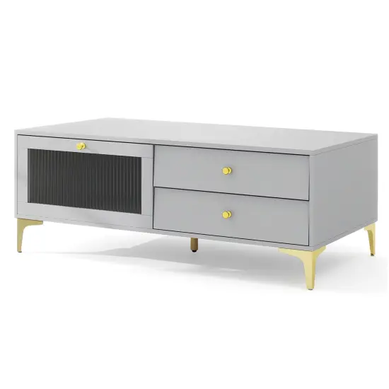 Grey MDF and Metal TV Stand with Tempered Glass, Storage Drawers and Modern Design {1}