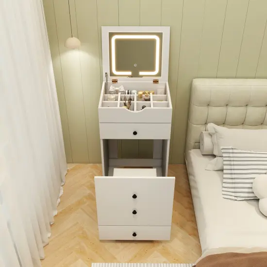 White Flip-Up Vanity Set with LED Mirror, Storage & Rolling Stool {6}