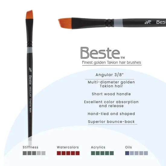 Creative Mark Beste Golden Taklon Angular, 3/8" Artist Paint Brush, Professional Watercolor Brushes, For Acrylic Painting, Short Handle, Sharp Edges, Hand-Tied & Shaped {3}